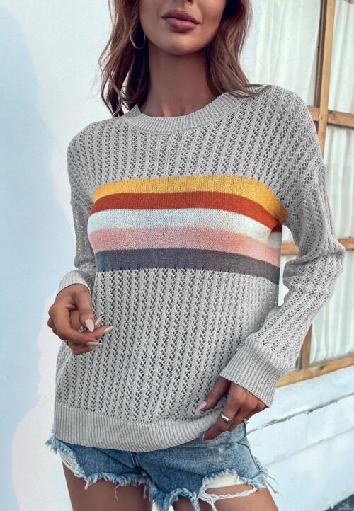 Contrast Multicolor Striped Knit Sweater-Gray