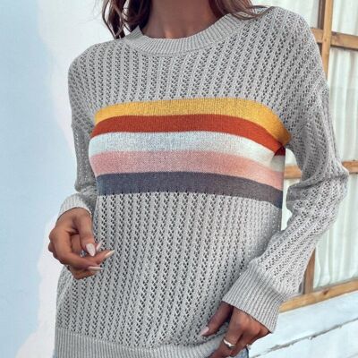Contrast Multicolor Striped Knit Sweater-Gray