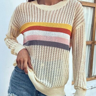 Contrast Multicolor Striped Knit Sweater-Beige