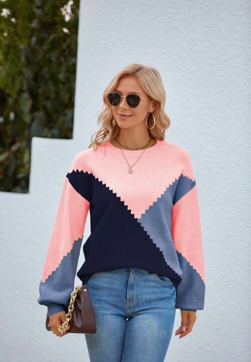 Color Block Geometric Design Sweater-Pink