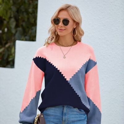 Maglione con motivo geometrico a blocchi di colore-rosa