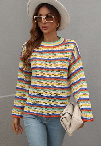 Pull en tricot au crochet à rayures colorées-Beige 1