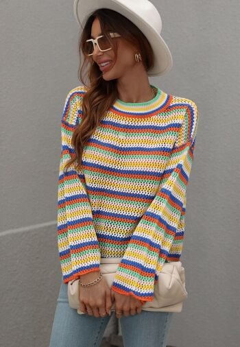 Pull en tricot au crochet à rayures colorées-Beige 2