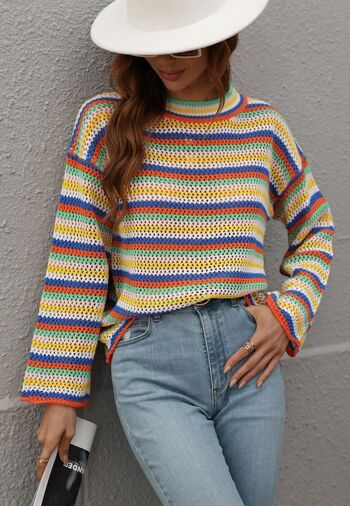 Pull en tricot au crochet à rayures colorées-Beige 4