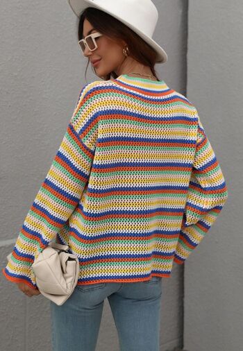 Pull en tricot au crochet à rayures colorées-Beige 5