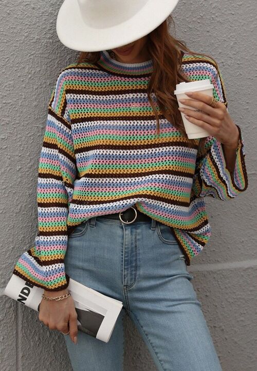 Colorful Striped Crochet Knit Sweater-Black
