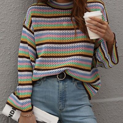 Pull en tricot au crochet à rayures colorées-Noir