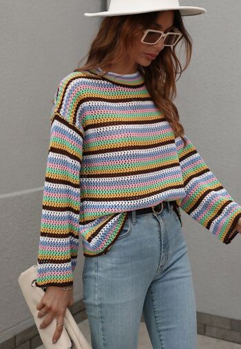 Pull en tricot au crochet à rayures colorées-Noir 5