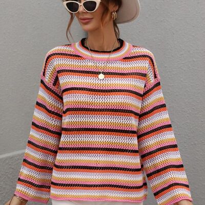 Pull en tricot au crochet à rayures colorées-Rose