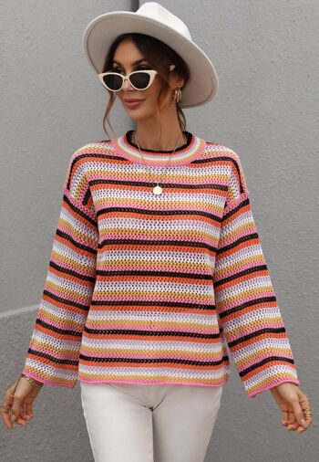 Pull en tricot au crochet à rayures colorées-Rose 1