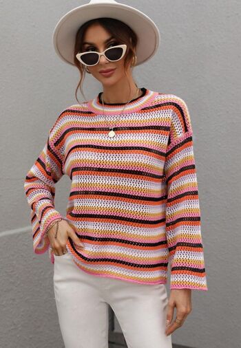 Pull en tricot au crochet à rayures colorées-Rose 2