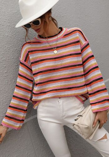 Pull en tricot au crochet à rayures colorées-Rose 3