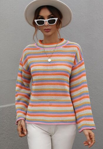 Pull en tricot au crochet à rayures colorées-Orange 1