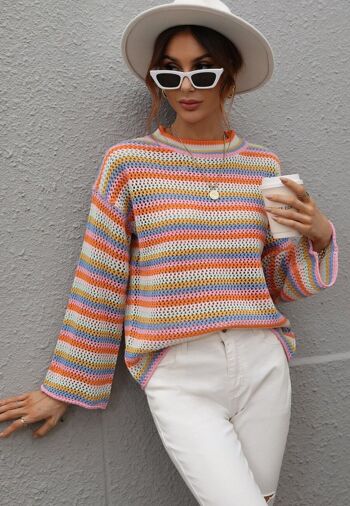 Pull en tricot au crochet à rayures colorées-Orange 3