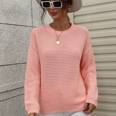 Suéter de otoño de punto con textura sólida-Rosa