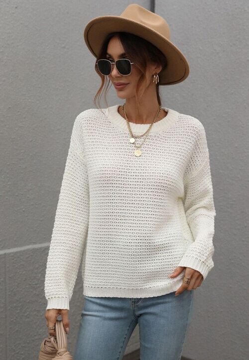 Solid Textured Knit Fall Sweater-White
