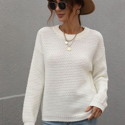 Suéter de otoño de punto con textura sólida-Blanco