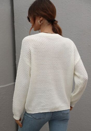 Pull d'automne en tricot texturé uni-Blanc 5