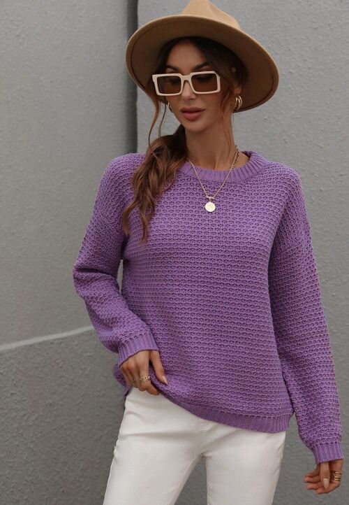 Solid Textured Knit Fall Sweater-Purple