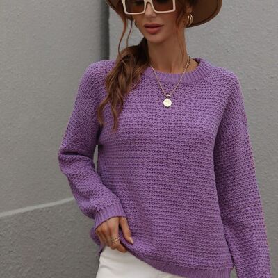 Suéter de otoño de punto con textura sólida-Morado