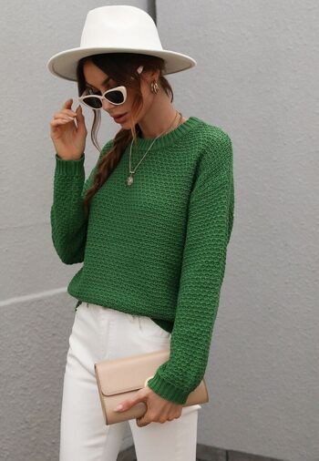 Pull d'automne en tricot texturé uni-Vert 1