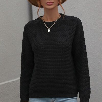 Suéter de otoño de punto con textura sólida-Negro