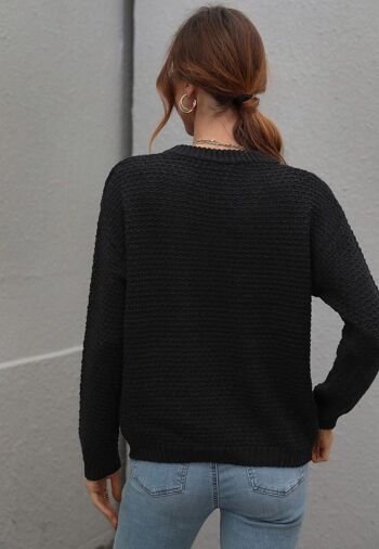 Pull d'automne en tricot texturé uni-Noir 4