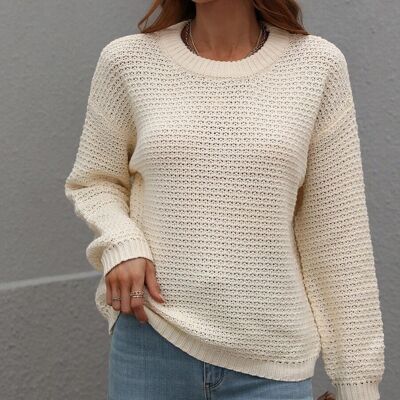 Solid Textured Knit Fall Sweater-Beige