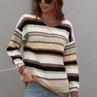 Vintage Striped Drop Shoulder Sweater-Brown