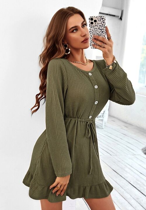 Waffle Knit Button Front Dress-Green