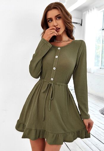 Robe boutonnée en tricot gaufré-Vert 2