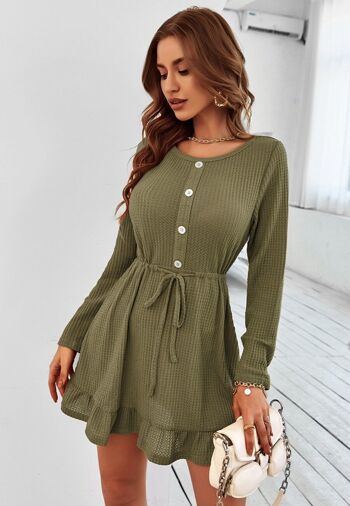 Robe boutonnée en tricot gaufré-Vert 5