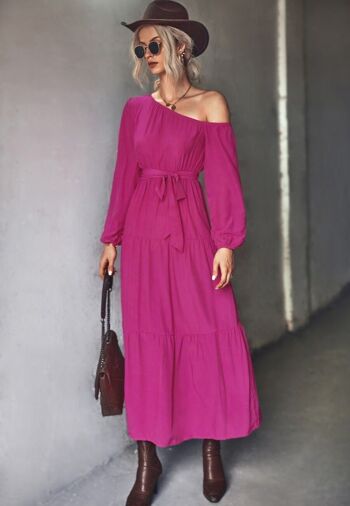 Robe Maxi à Une Epaule à Volants-Fuchsia 3