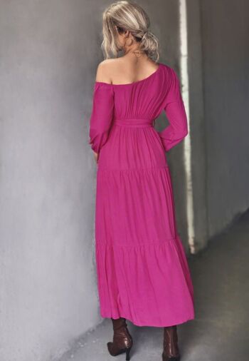 Robe Maxi à Une Epaule à Volants-Fuchsia 5