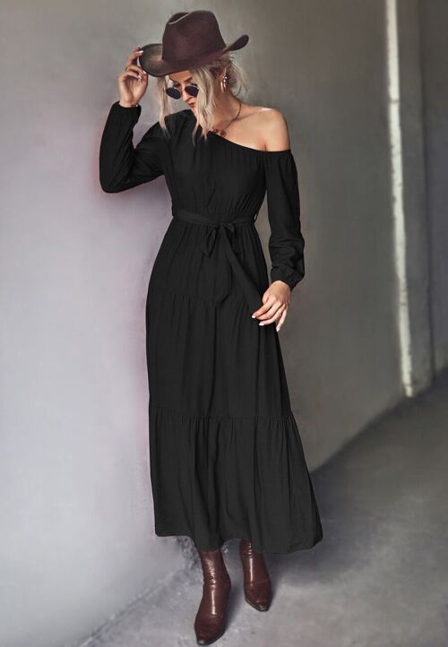 One Shoulder Tiered Maxi Dress-Black