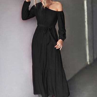 One Shoulder Tiered Maxi Dress-Black