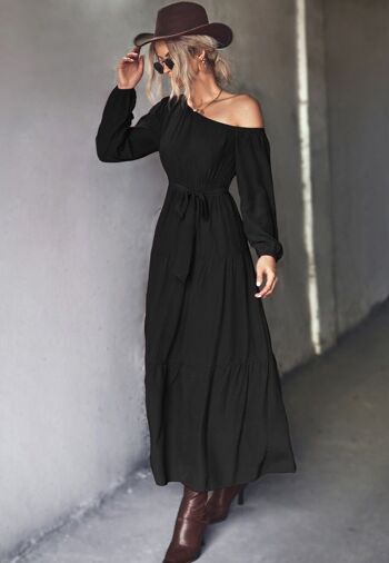 Robe Maxi à Une Epaule à Volants-Noir 3