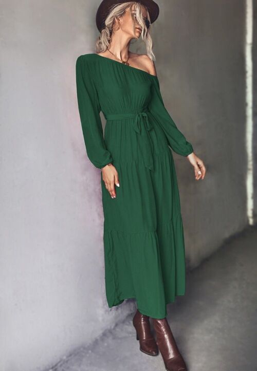 One Shoulder Tiered Maxi Dress-Green