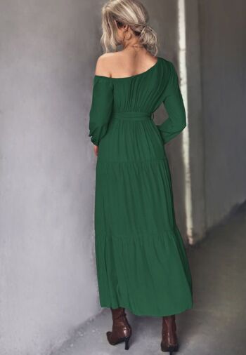 Robe Maxi à Une Epaule à Volants-Vert 4