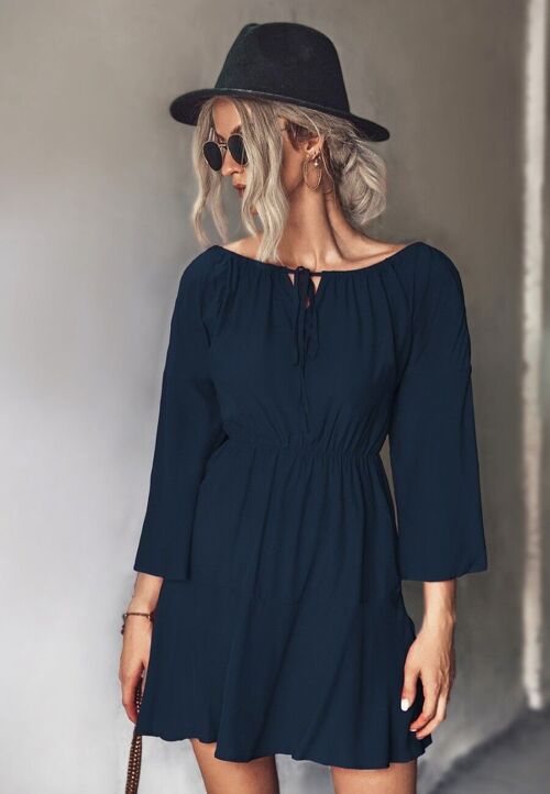 Ruched Tie Neck Dress-Navy