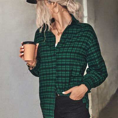 Checkered Print Shirred Cuff Blouse-Green