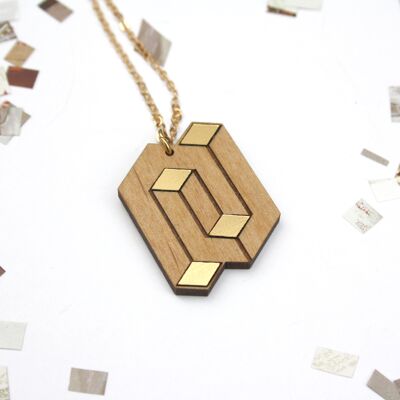 Geometric optical art necklace in wood, golden diamonds