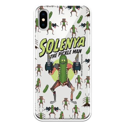 iPhone X or XS case with a Rick and Morty Solenya Pickle Man design with a TRANSPARENT TPU design
