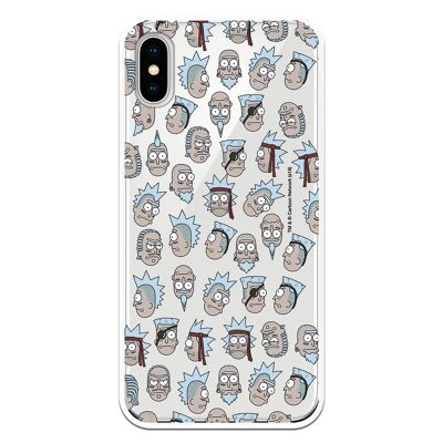 iPhone X or XS case with a Rick and Morty Faces design with a TRANSPARENT TPU design