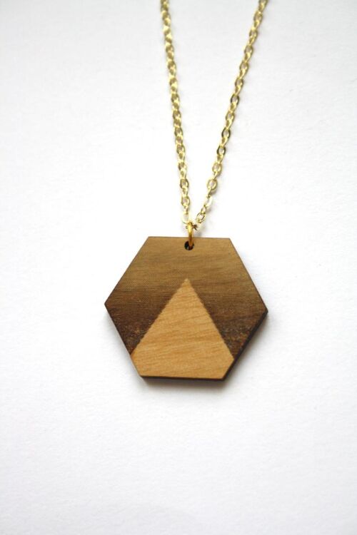 Sautoir hexagone et triangle en bois, pendentif géométrique, chaîne dorée