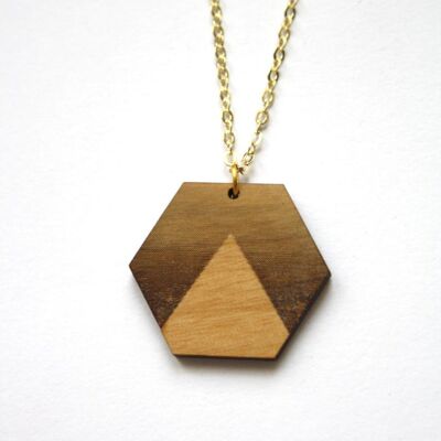 Hexagon and triangle wooden necklace, geometric pendant, golden chain
