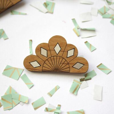 Art Deco style geometric wooden flower brooch