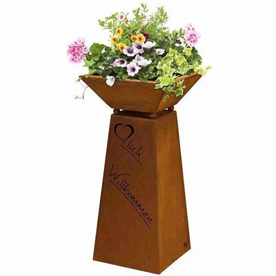 Rust decorative column Welcome with flower bowl in patina