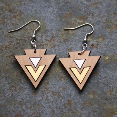Art Deco wooden earrings, geometric patterns, golden chevrons and silver triangles, silver clip