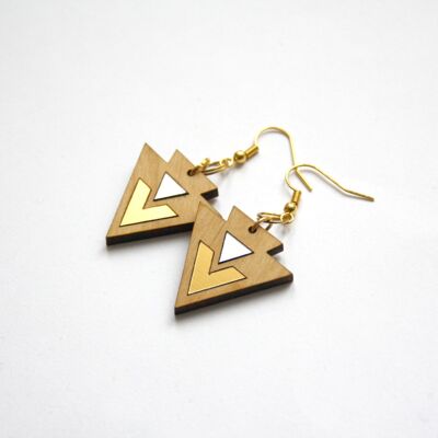 Art Deco wooden earrings, geometric patterns, golden chevrons and silver triangles, golden clip